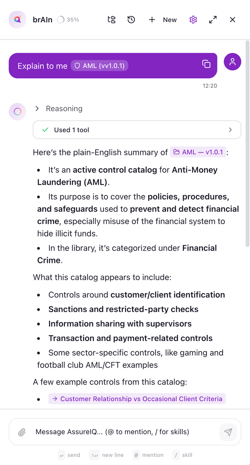 AI Assistant interface showing natural language interaction with compliance data