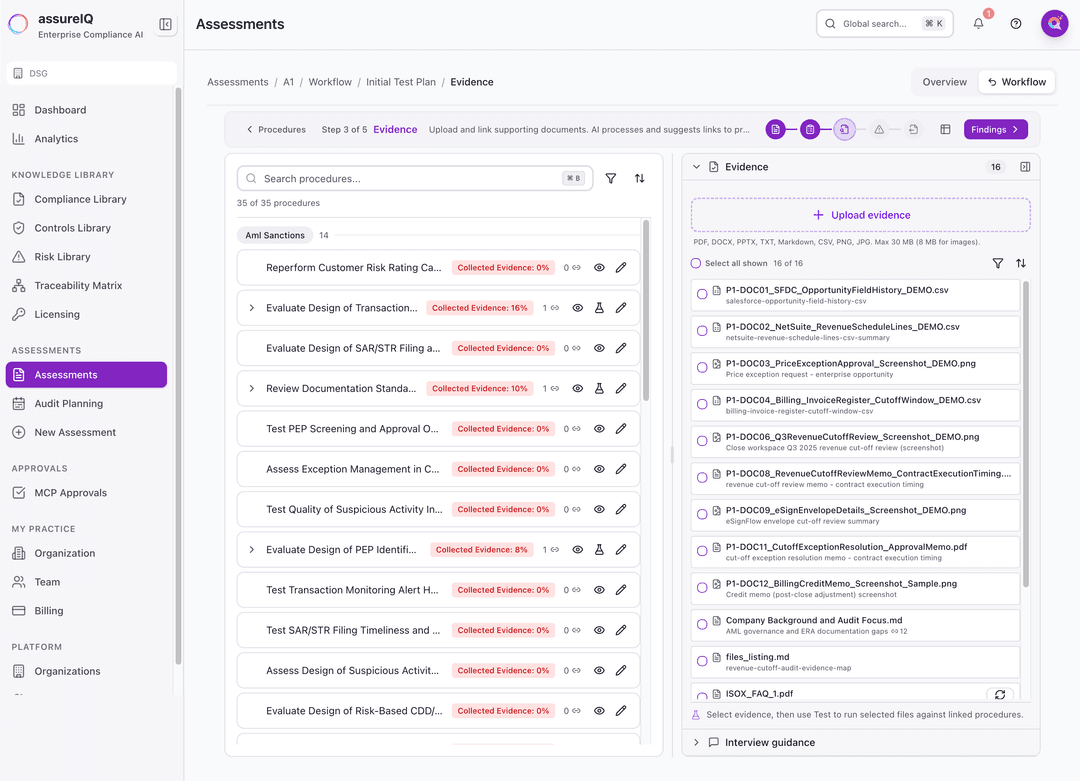 Evidence mapping interface showing AI-powered document analysis